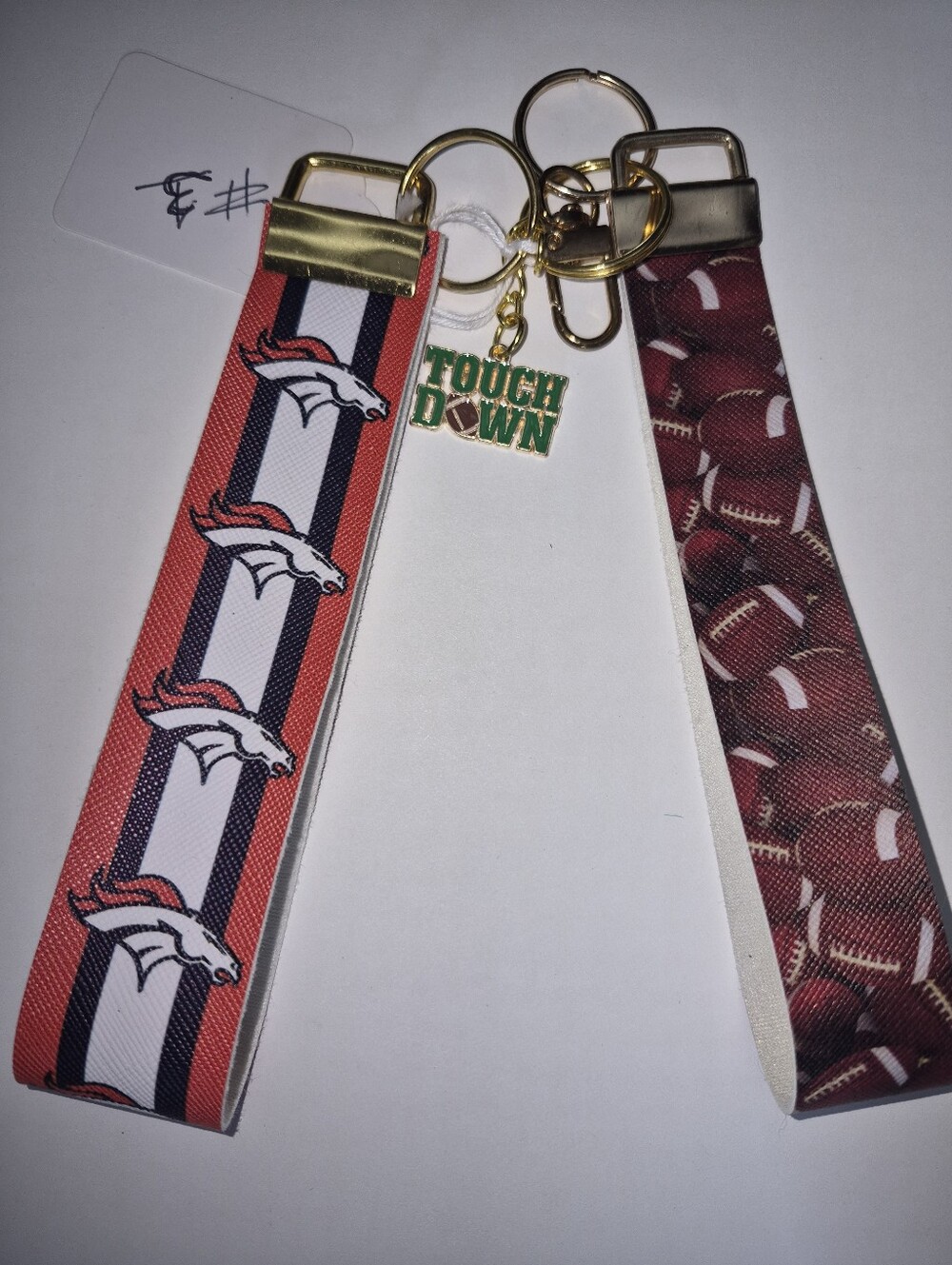 2 New Homemade Wristlet Keychains. 1 NFL Broncos & 1 Football (#3)